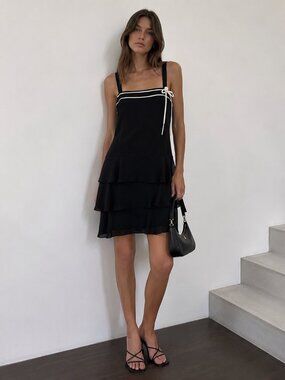 VTG Y2K LOFT Black Ruffle Mini Dress Bow Detail Coquette Romantic Party Dress 4P